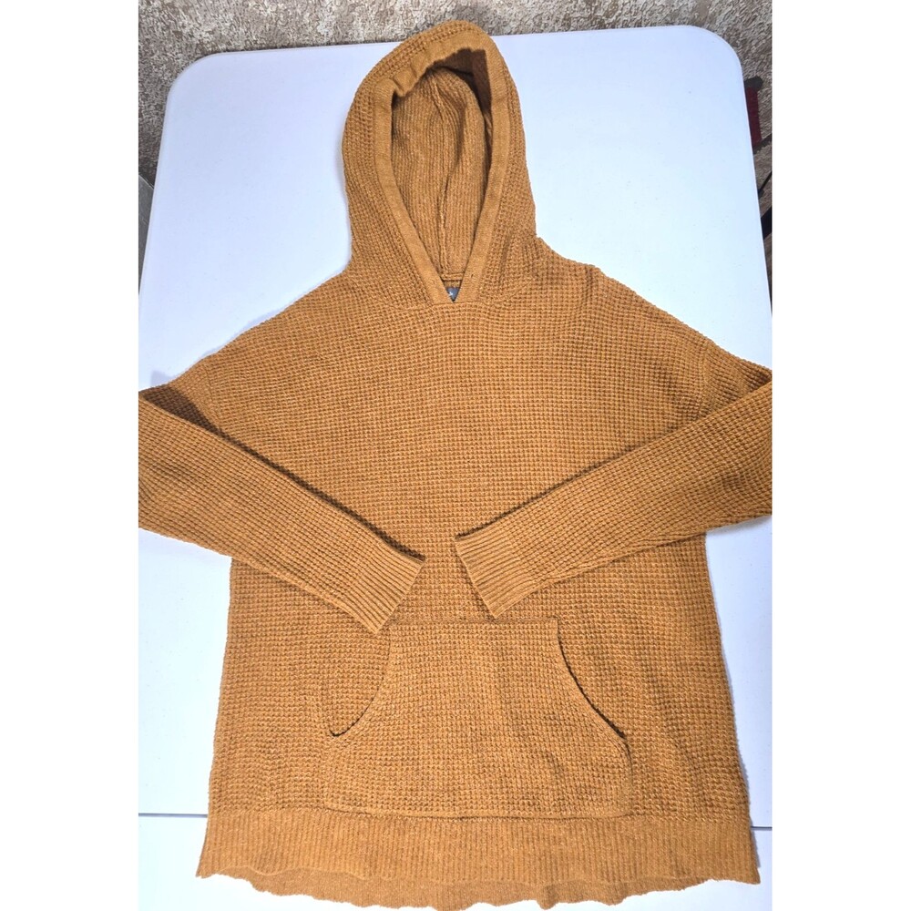 Naturals Womens Brown Waffle Knit Pullover Hoodie Sweater Kangaroo Pocket SZ S